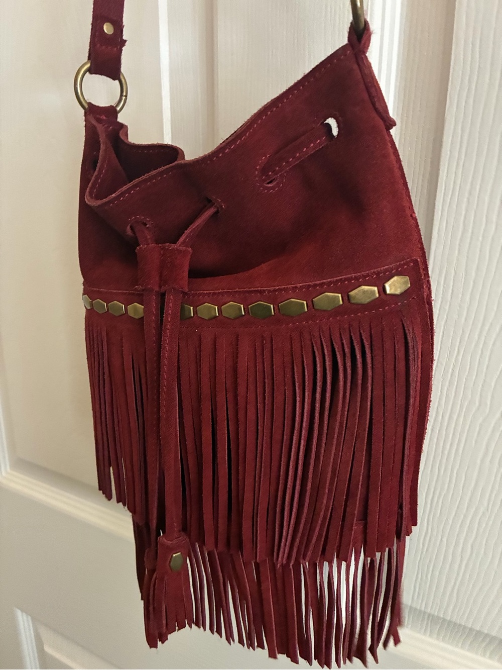 LUCKY BRAND Fringe thick Suede Crossbody Bag in red
